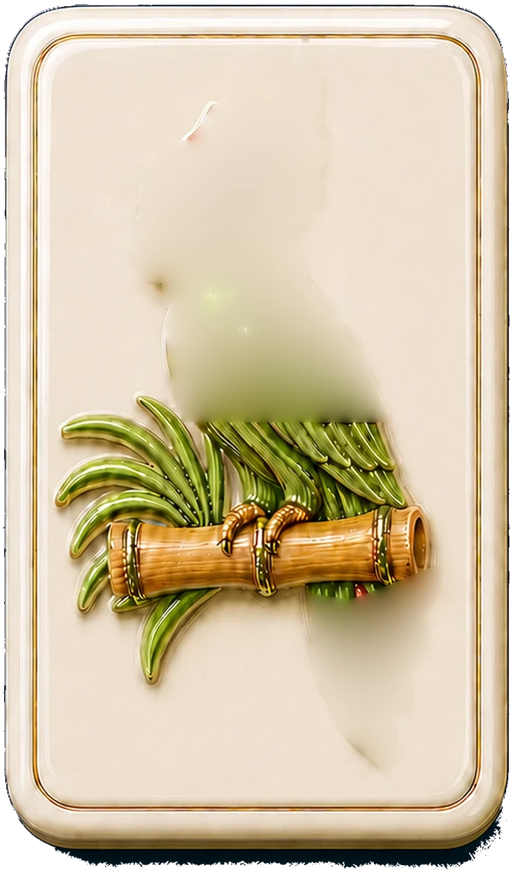 A mahjong bamboo tile painted with a green parrot perched on bamboo.